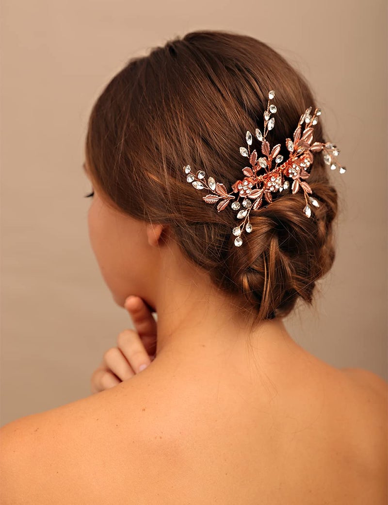 YERTTER Vintage Rhinestones Bride Wedding Hair Accessories for Brides Crystal Floral Leaves Bridal Hair Comb for Women (Rose gold) - Image 3